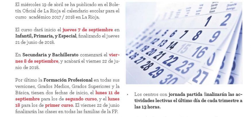 FEUSO INFORMA LA RIOJA 20170419 Calendario Escolar 17-18 BOR